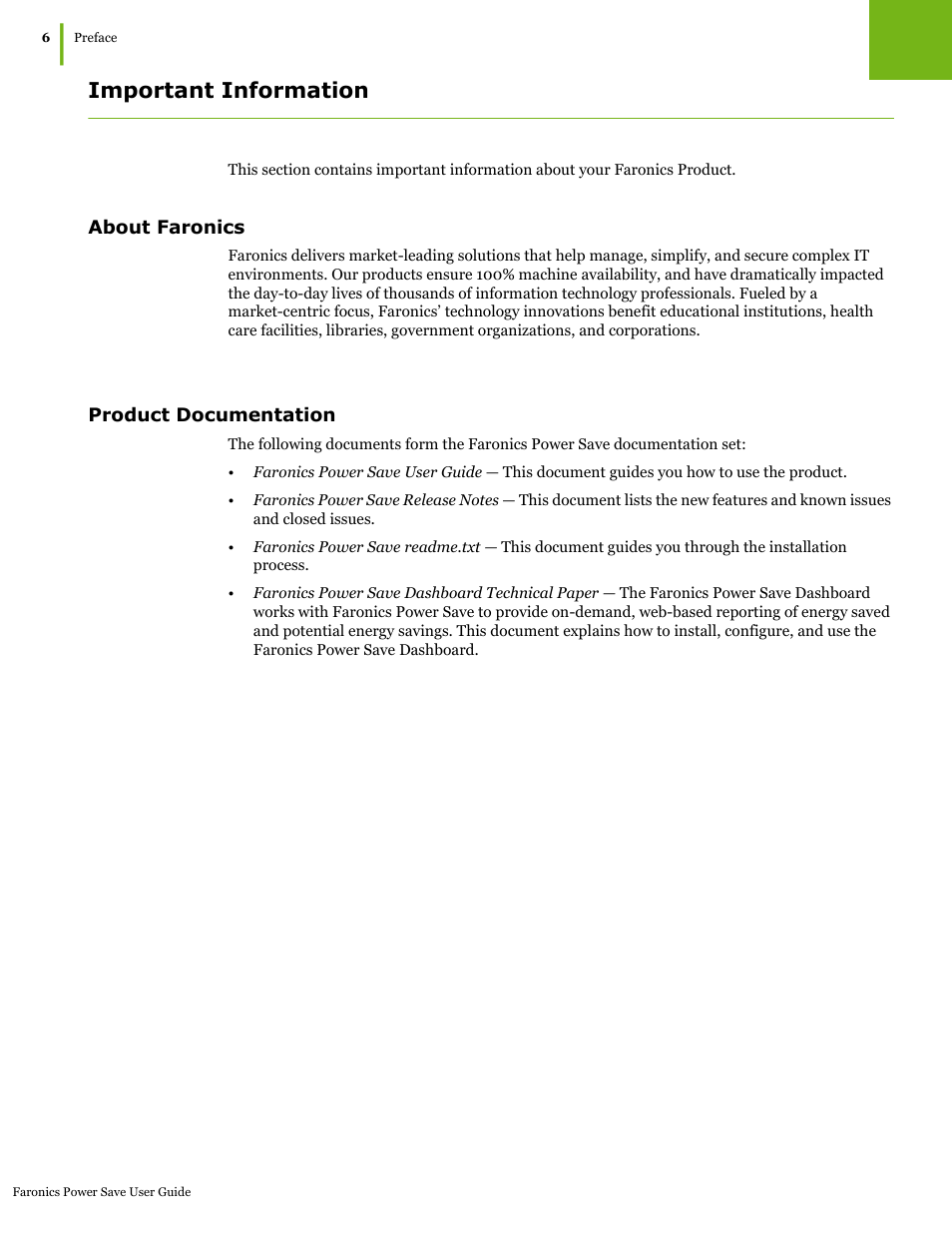 Important information, About faronics, Product documentation | About faronics product documentation | Faronics Power Save User Manual | Page 6 / 82