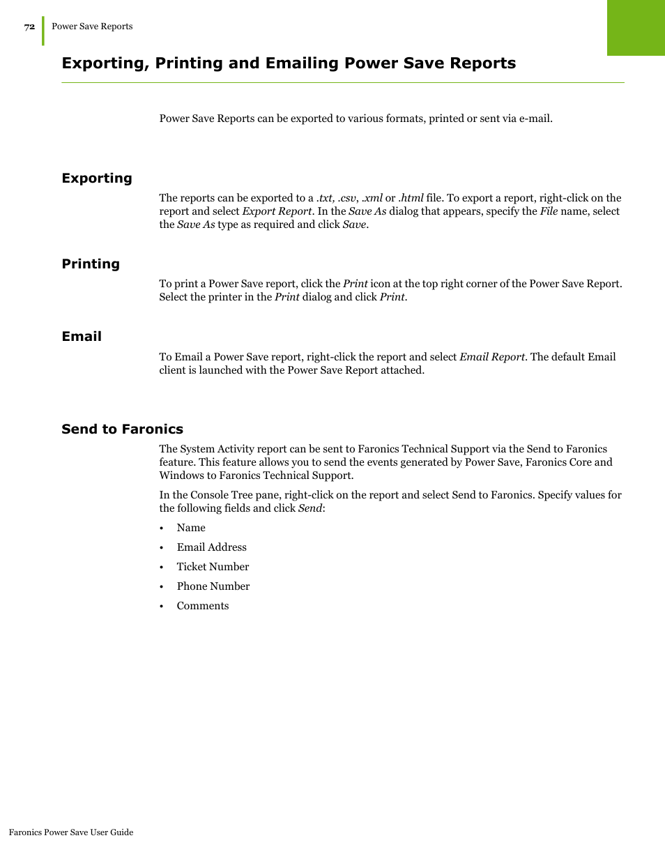 Exporting, Printing, Email | Send to faronics, Exporting printing email send to faronics | Faronics Power Save User Manual | Page 72 / 82