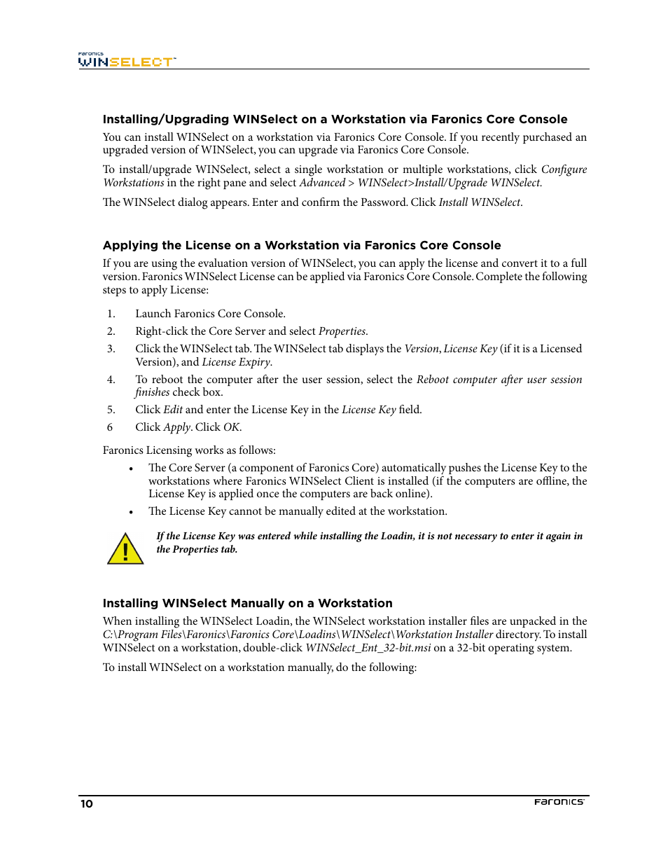 Faronics licensing works as follows, Installing winselect manually on a workstation | Faronics WINSelect Enterprise User Manual | Page 10 / 40