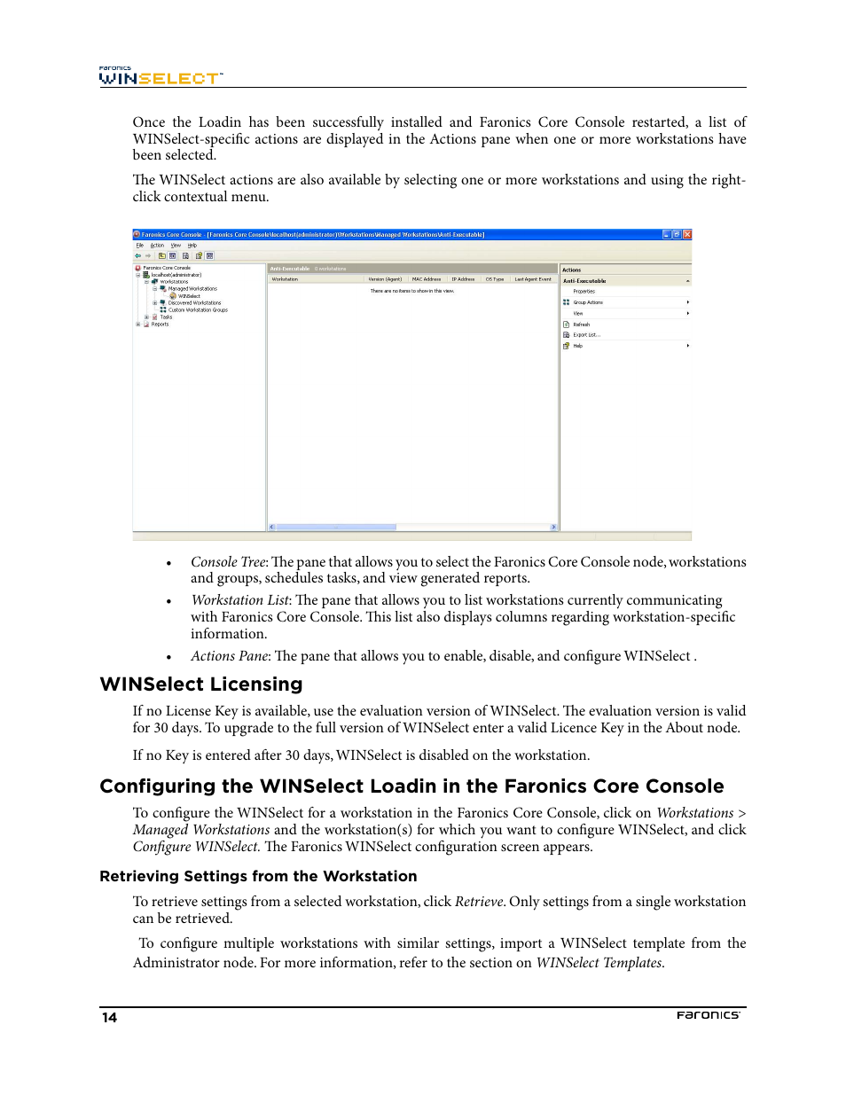 Winselect licensing, Retrieving settings from the workstation | Faronics WINSelect Enterprise User Manual | Page 14 / 40