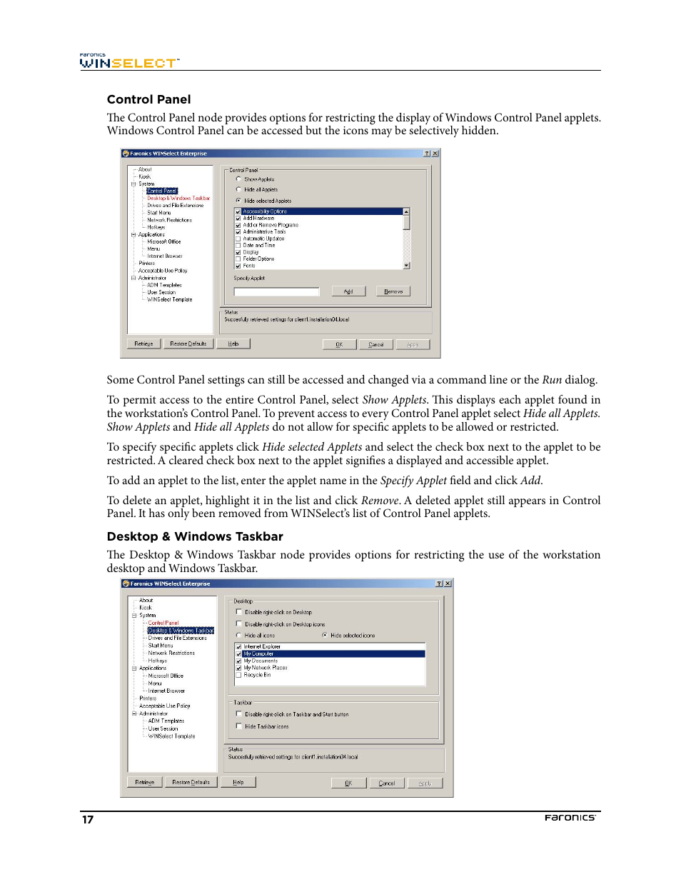 Control panel, Desktop & windows taskbar | Faronics WINSelect Enterprise User Manual | Page 17 / 40