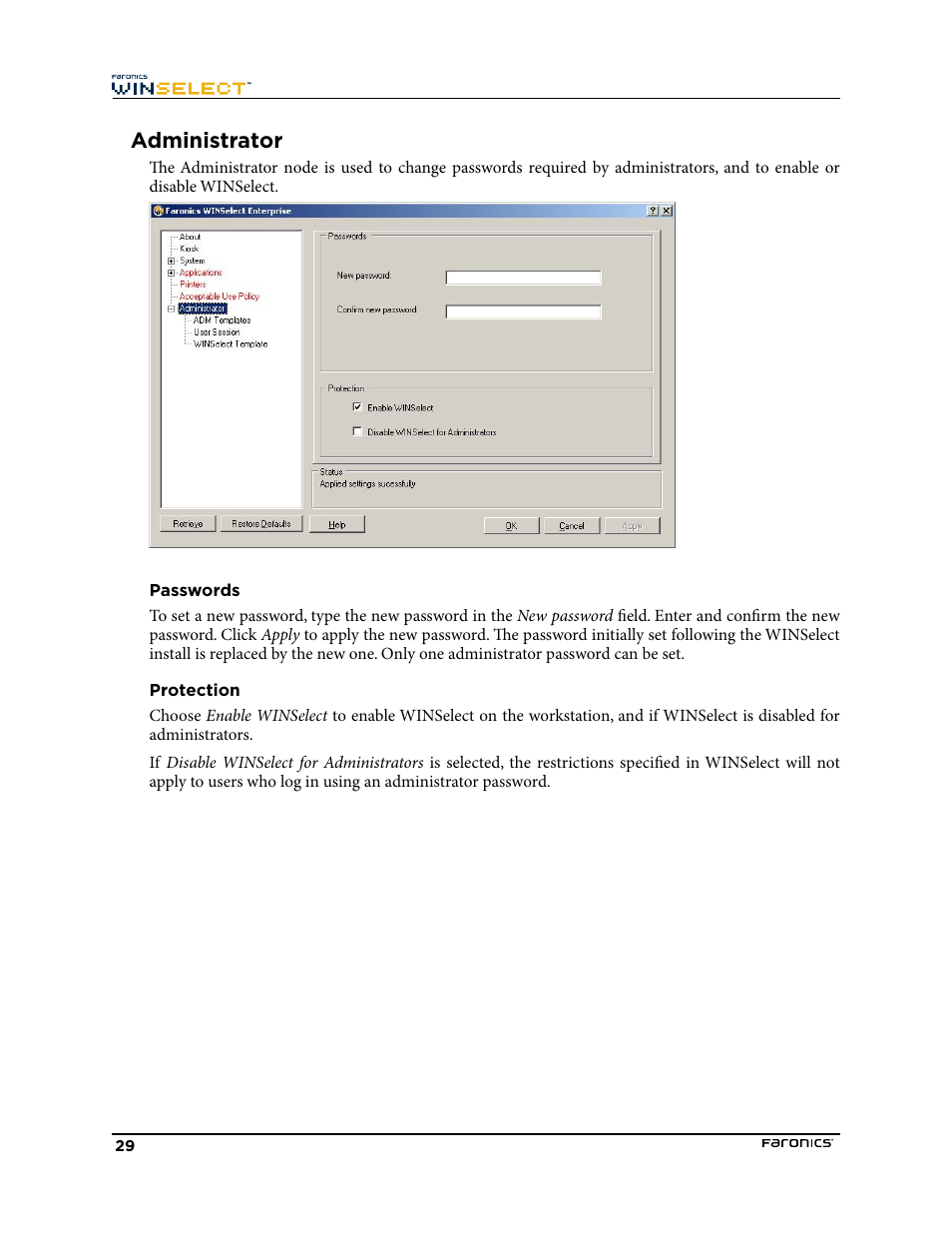 Administrator, Passwords, Protection | Faronics WINSelect Enterprise User Manual | Page 29 / 40