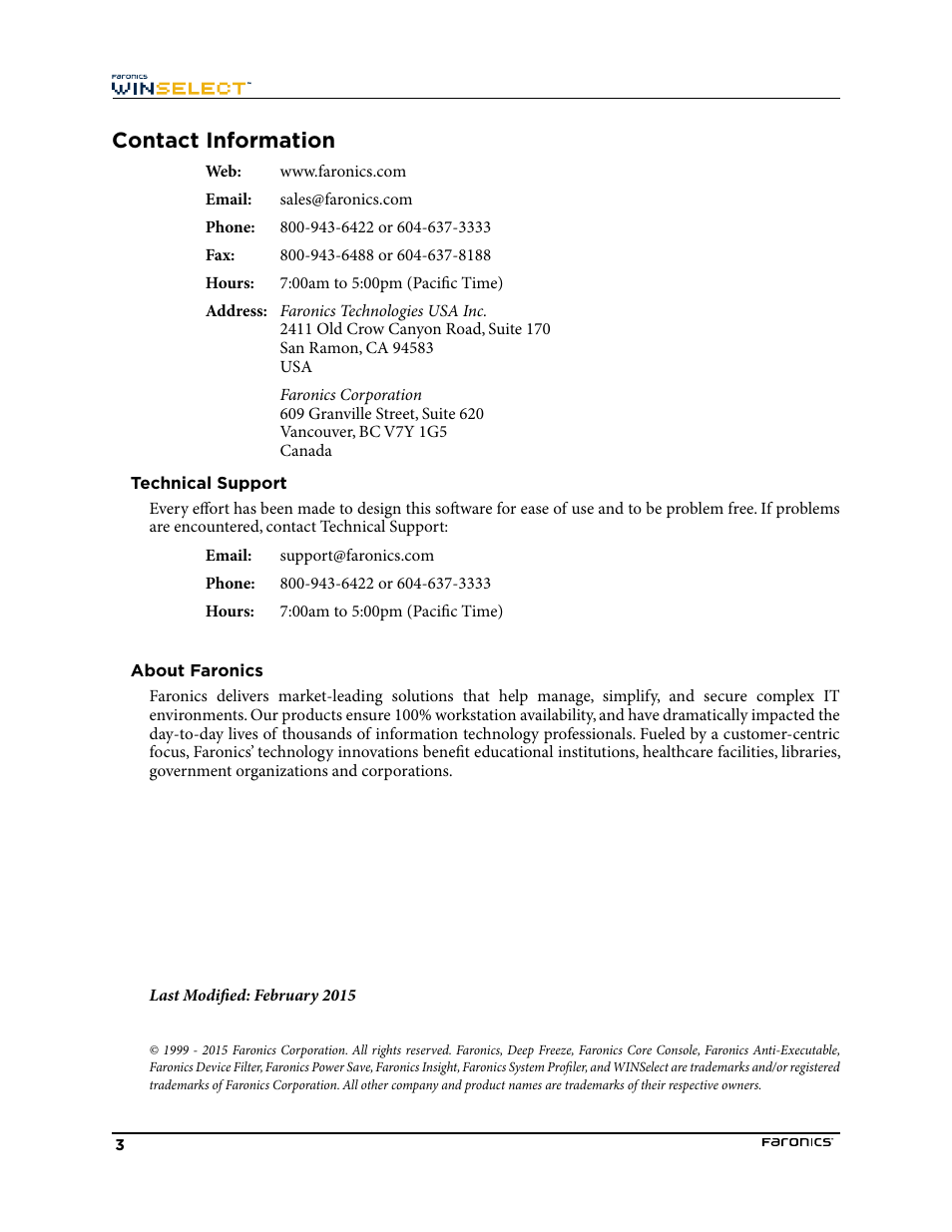 Contact information | Faronics WINSelect Enterprise User Manual | Page 3 / 40