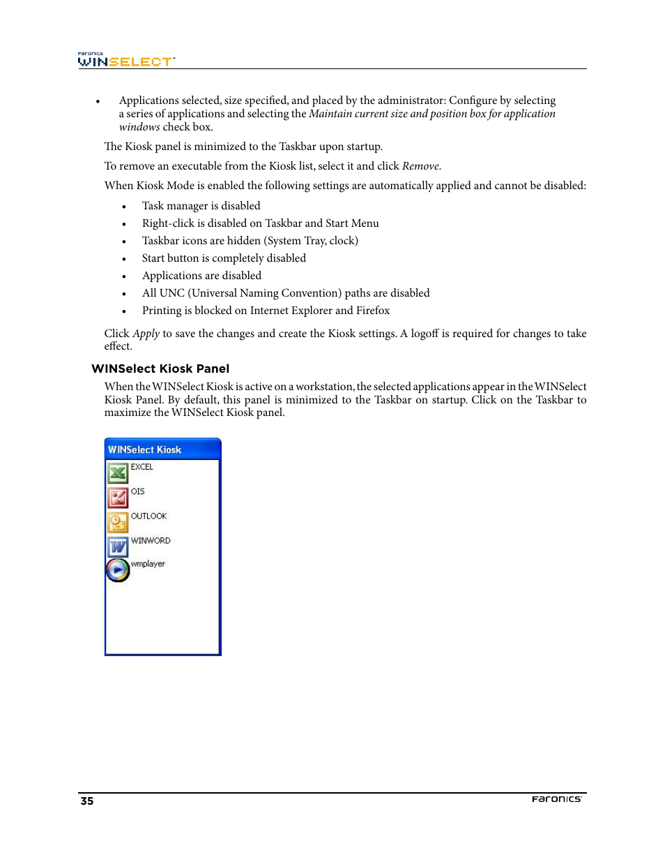 Winselect kiosk panel | Faronics WINSelect Enterprise User Manual | Page 35 / 40