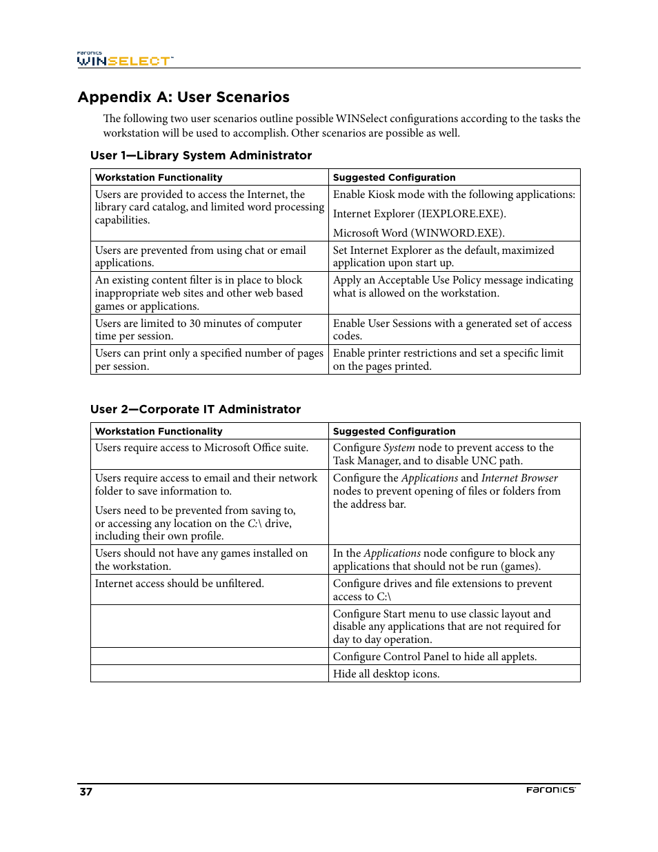 Appendix a: user scenarios, User 1—library system administrator, User 2—corporate it administrator | Faronics WINSelect Enterprise User Manual | Page 37 / 40