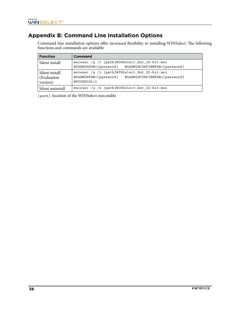 Appendix b: command line installation options | Faronics WINSelect Enterprise User Manual | Page 38 / 40