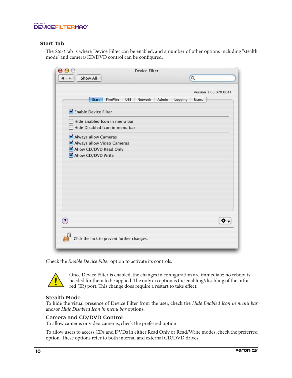 Start tab | Faronics Device Filter Mac User Manual | Page 10 / 30