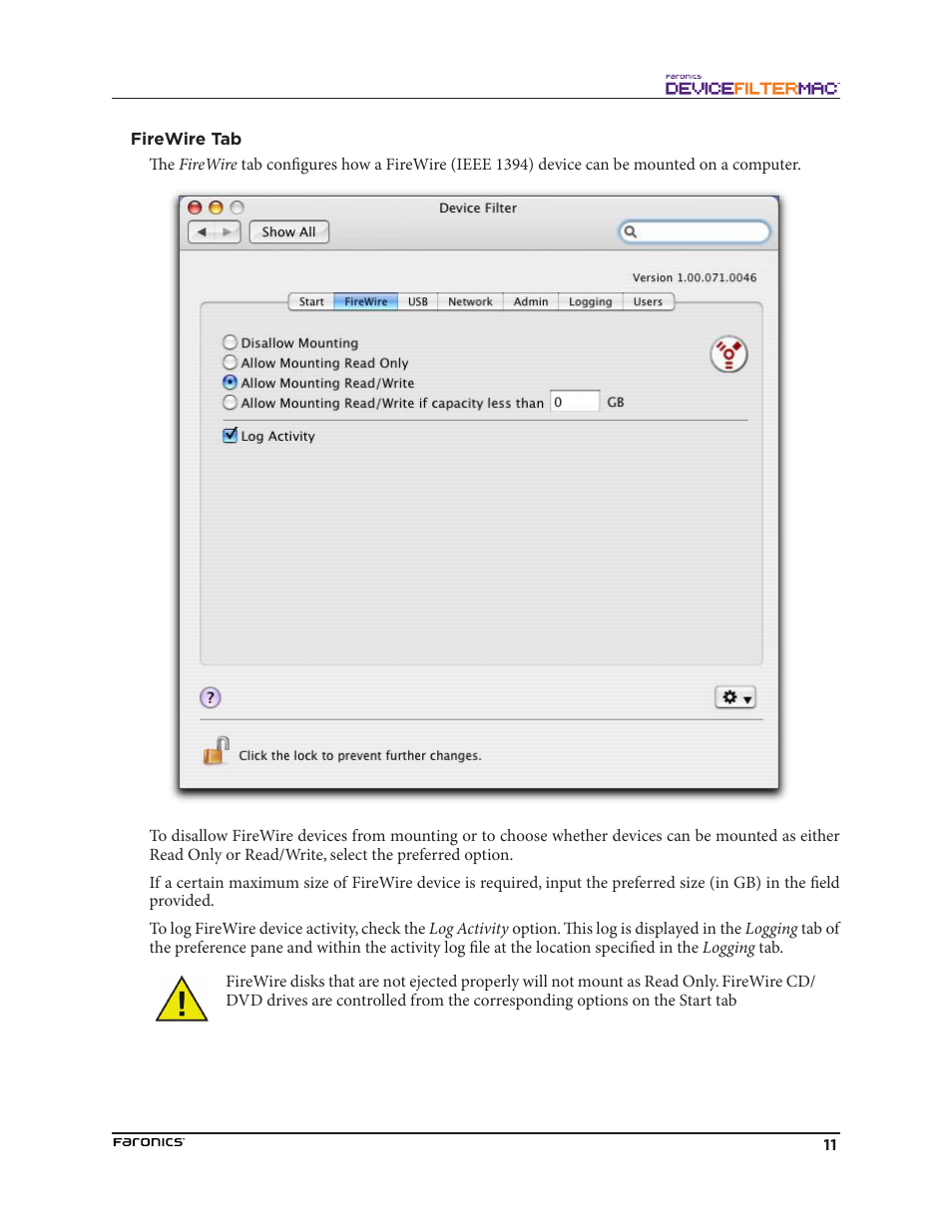 Firewire tab | Faronics Device Filter Mac User Manual | Page 11 / 30