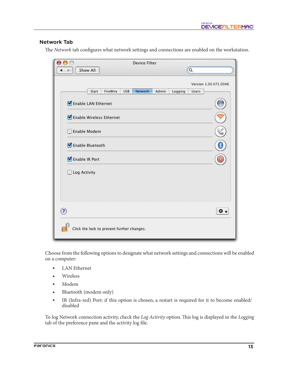 Network tab | Faronics Device Filter Mac User Manual | Page 13 / 30