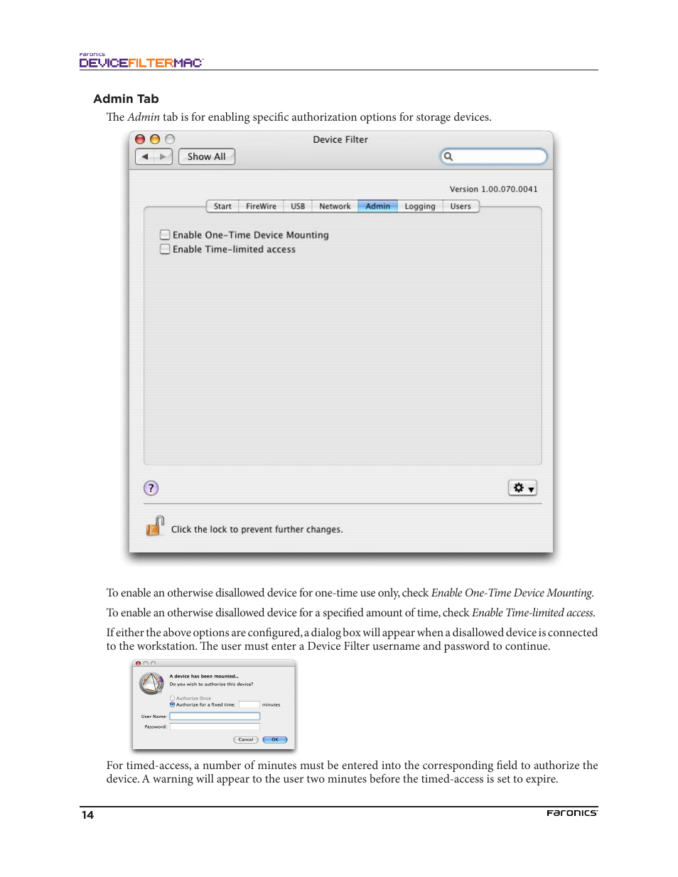 Admin tab | Faronics Device Filter Mac User Manual | Page 14 / 30