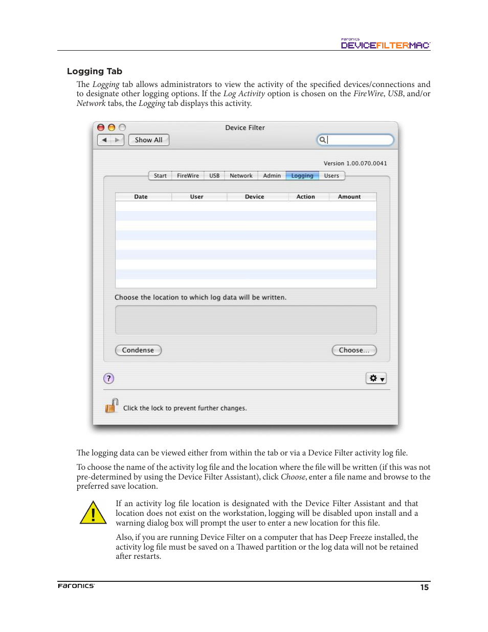 Logging tab | Faronics Device Filter Mac User Manual | Page 15 / 30