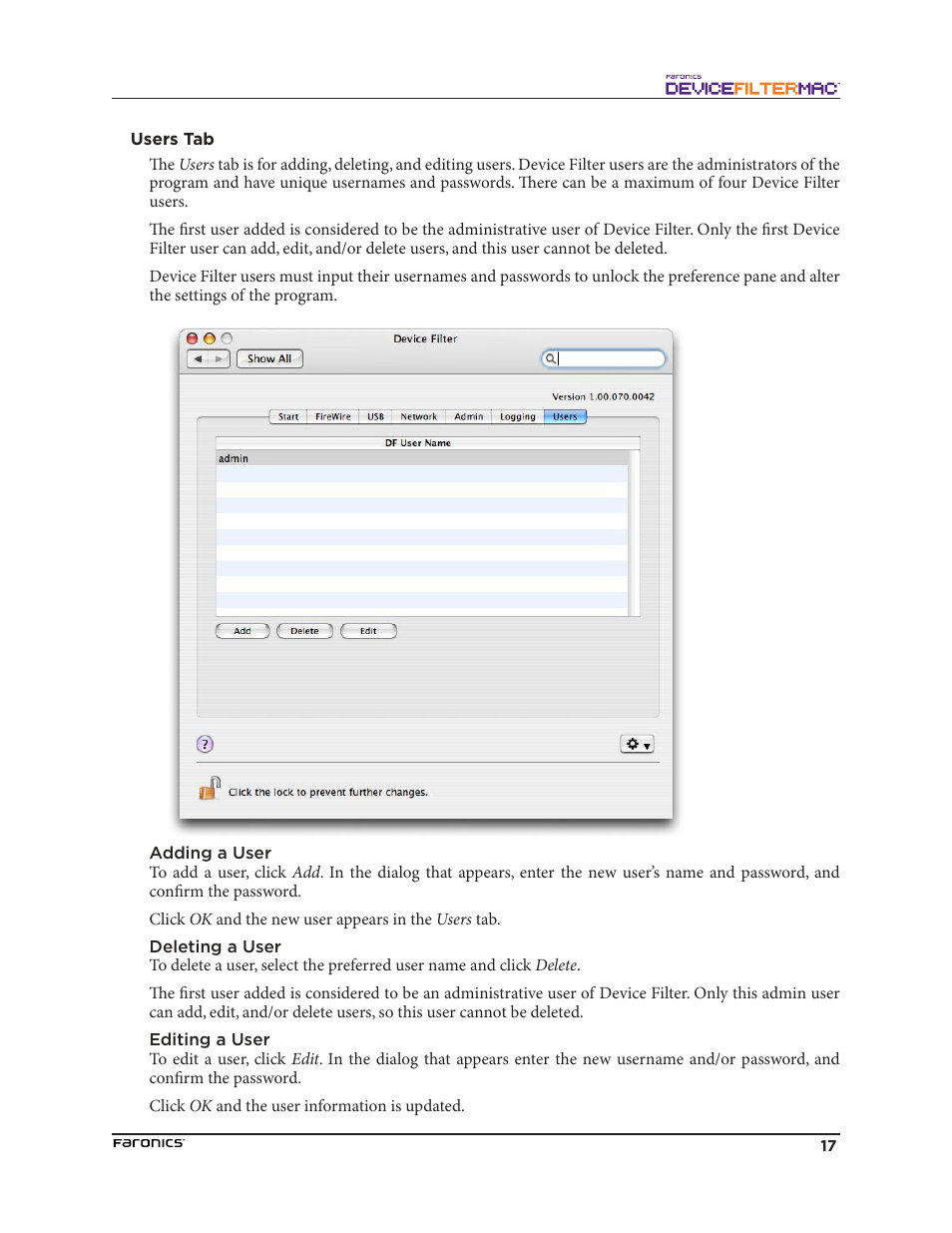 Users tab | Faronics Device Filter Mac User Manual | Page 17 / 30