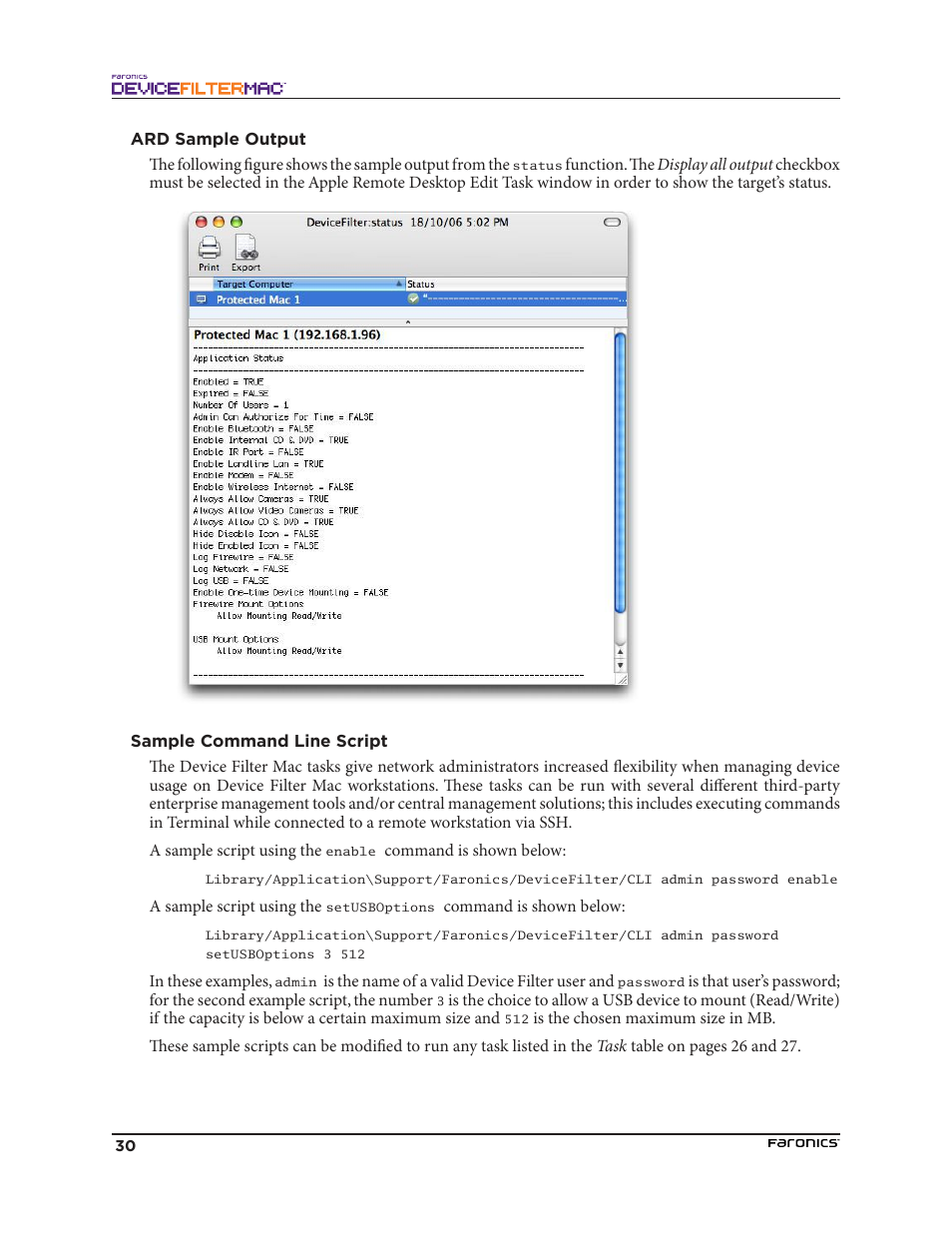 Ard sample output, Sample command line script | Faronics Device Filter Mac User Manual | Page 30 / 30