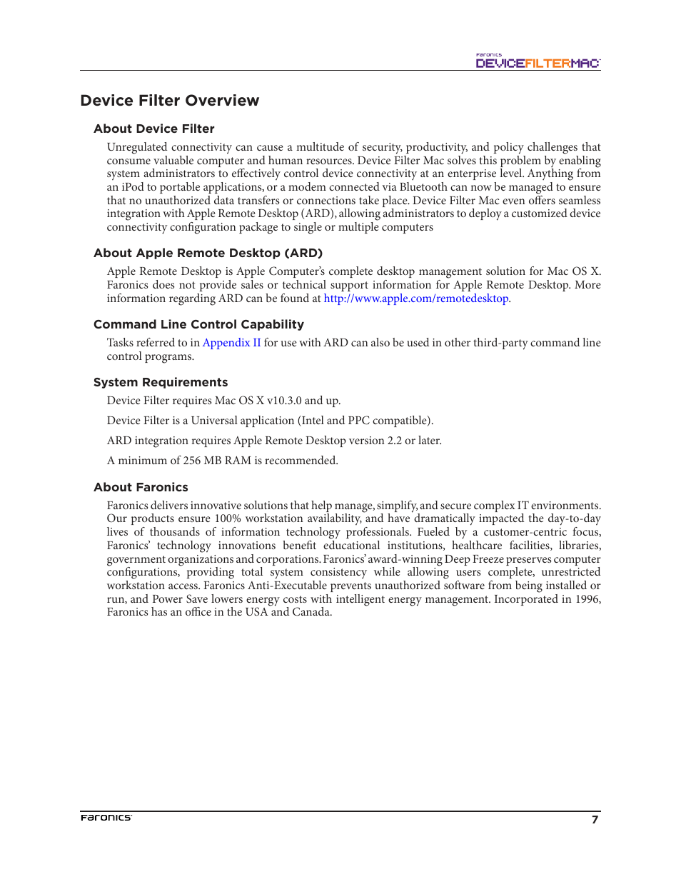 Device filter overview, About device filter, About apple remote desktop (ard) | Command line control capability, System requirements, About faronics | Faronics Device Filter Mac User Manual | Page 7 / 30