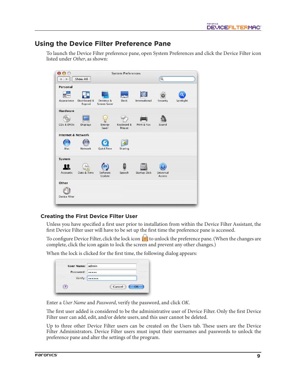 Using the device filter preference pane, Creating the first device filter user | Faronics Device Filter Mac User Manual | Page 9 / 30