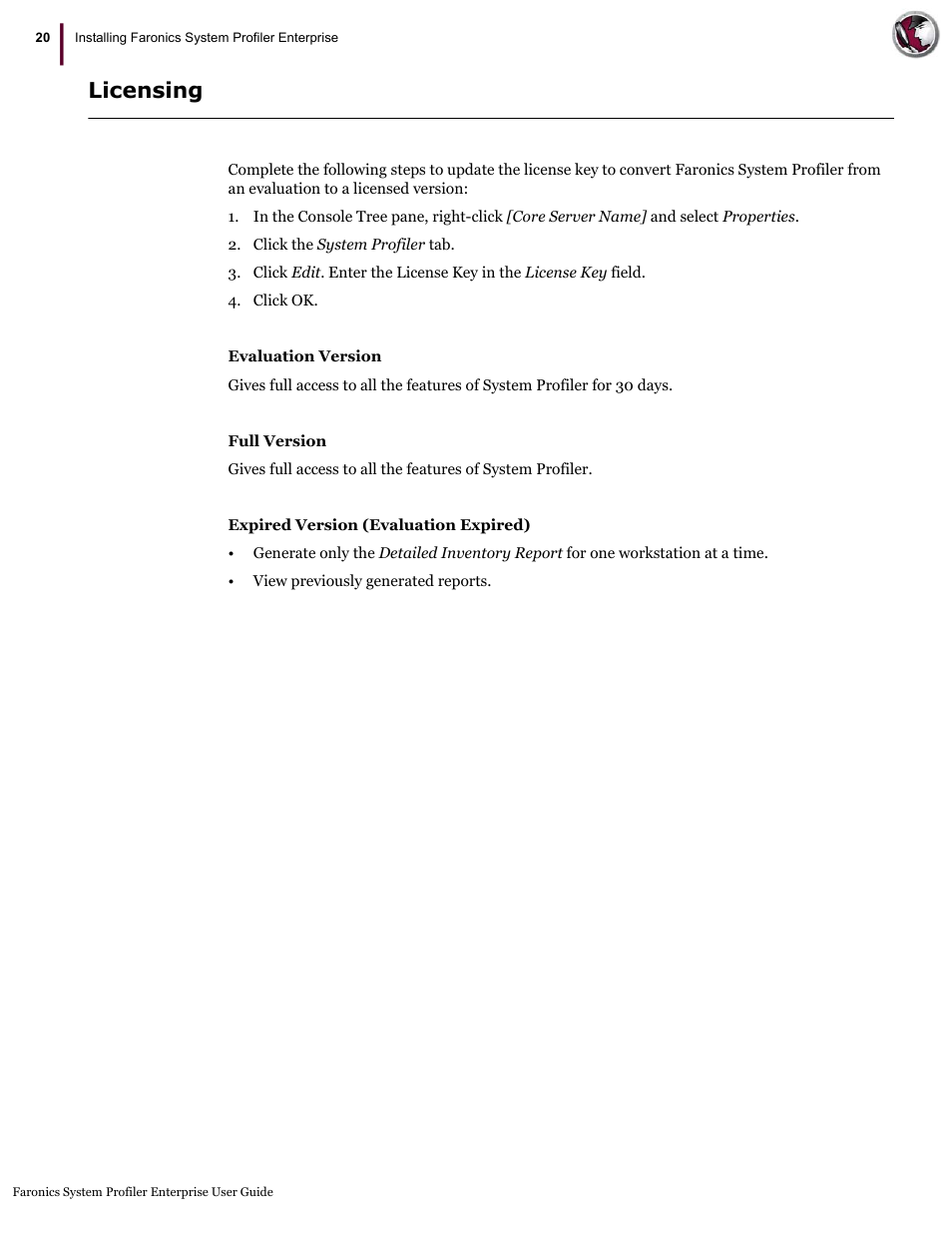 Licensing | Faronics System Profiler Enterprise User Manual | Page 20 / 48
