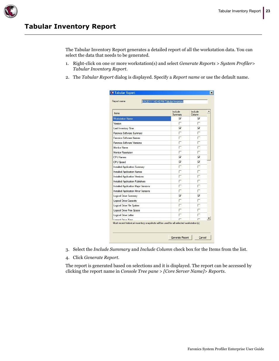 Tabular inventory report | Faronics System Profiler Enterprise User Manual | Page 23 / 48