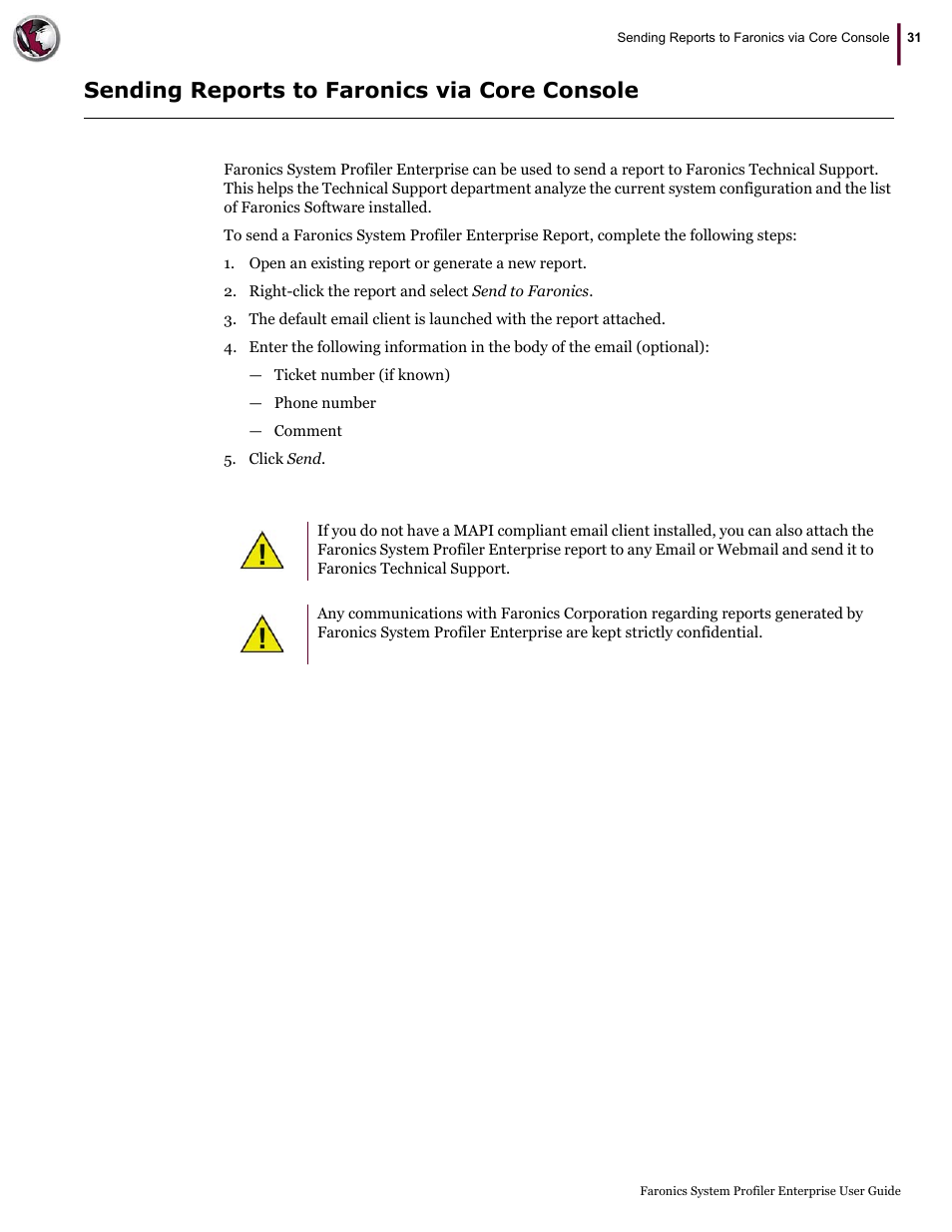 Sending reports to faronics via core console | Faronics System Profiler Enterprise User Manual | Page 31 / 48