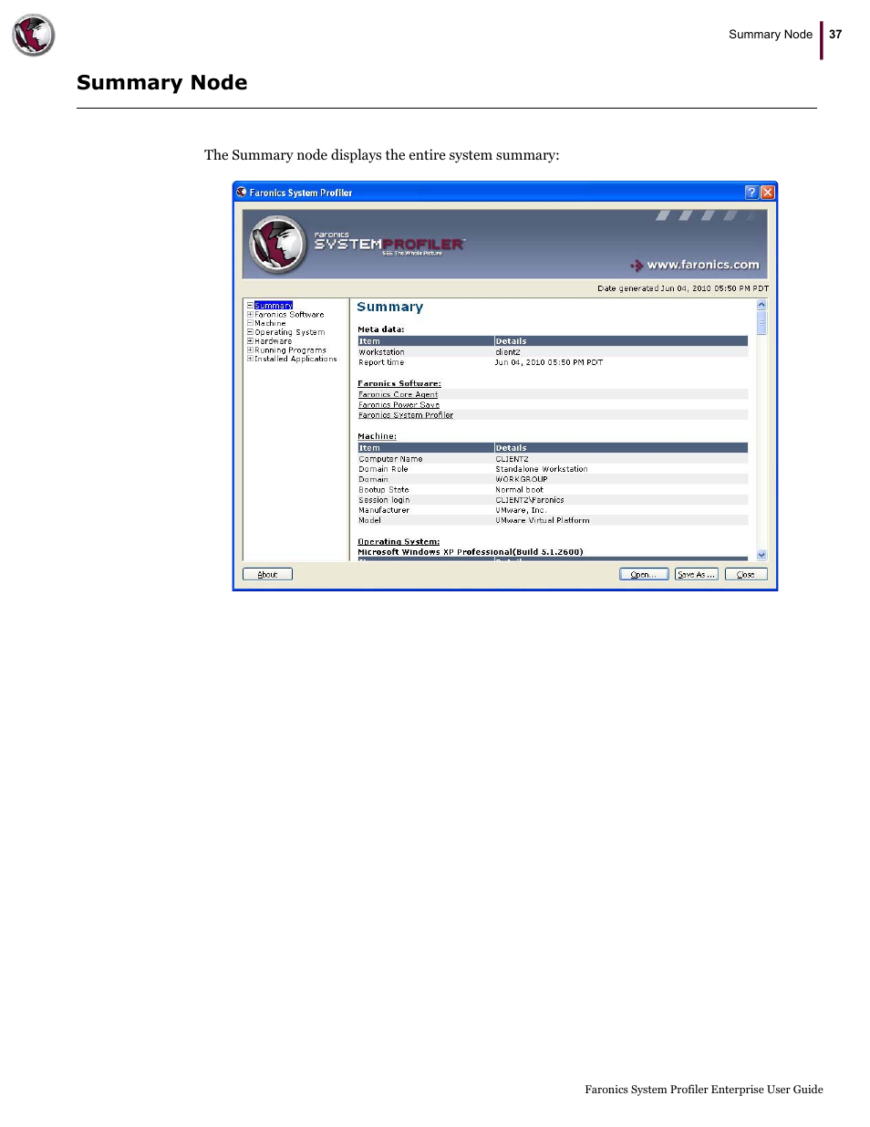 Summary node | Faronics System Profiler Enterprise User Manual | Page 37 / 48