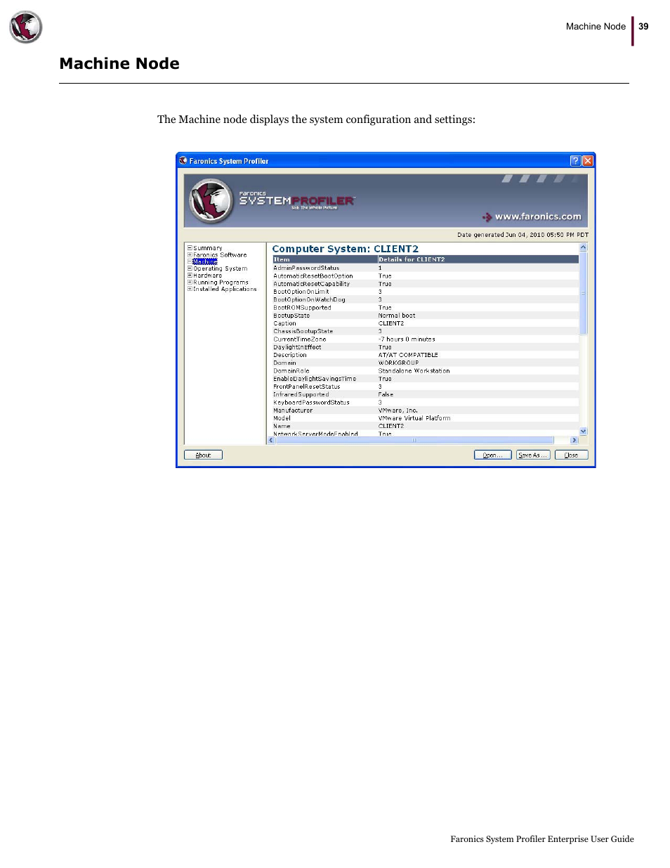 Machine node | Faronics System Profiler Enterprise User Manual | Page 39 / 48
