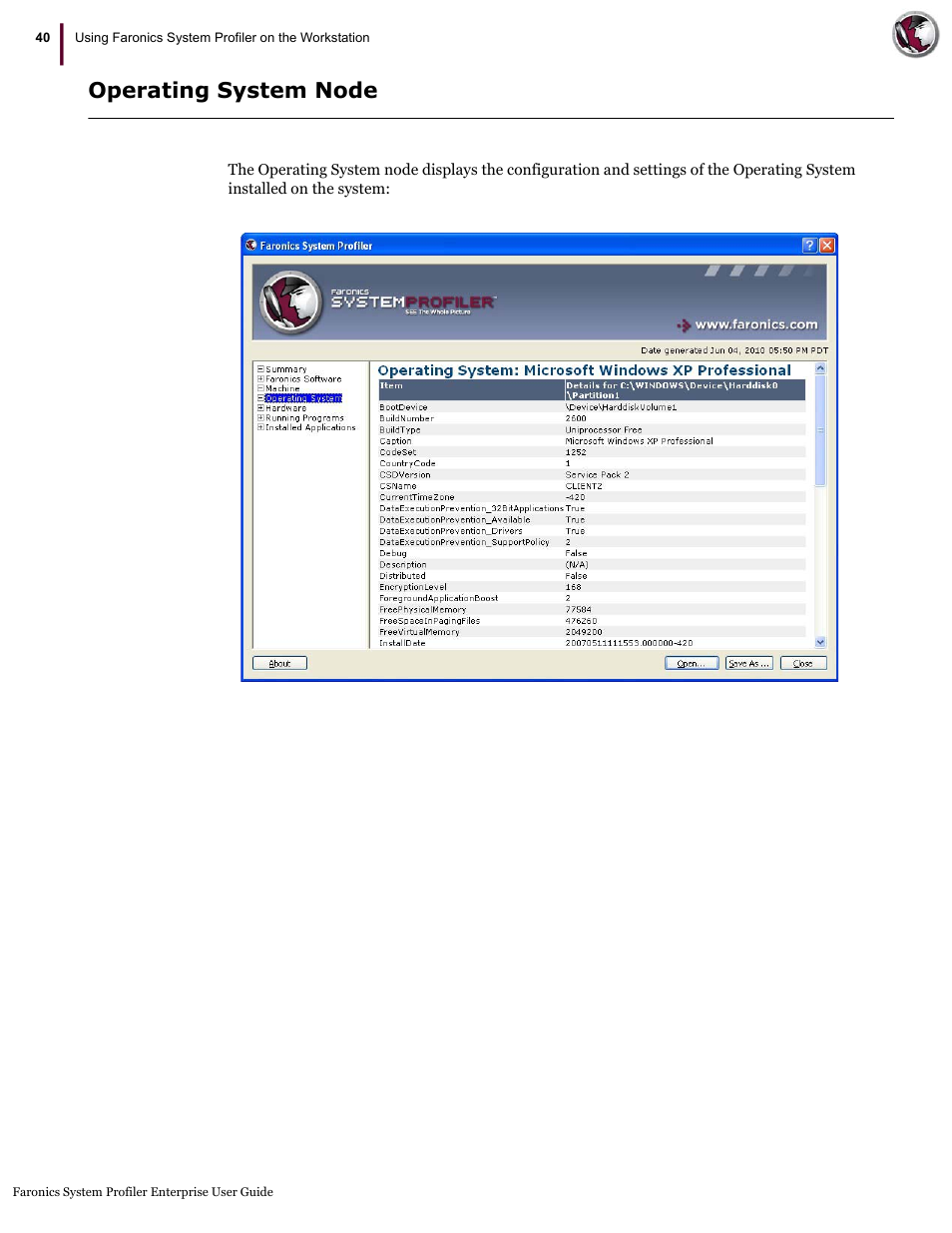 Operating system node | Faronics System Profiler Enterprise User Manual | Page 40 / 48