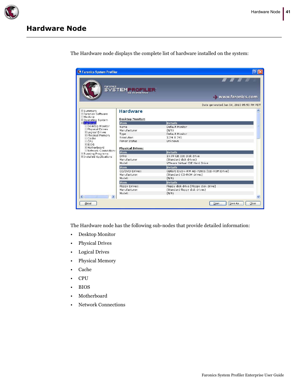 Hardware node | Faronics System Profiler Enterprise User Manual | Page 41 / 48