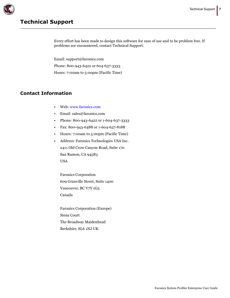 Technical support, Contact information | Faronics System Profiler Enterprise User Manual | Page 7 / 48