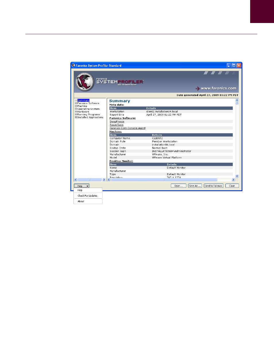 Help menu | Faronics System Profiler Standard User Manual | Page 24 / 29