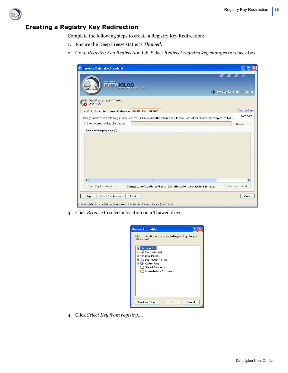 Creating a registry key redirection | Faronics Data Igloo Standard User Manual | Page 33 / 63