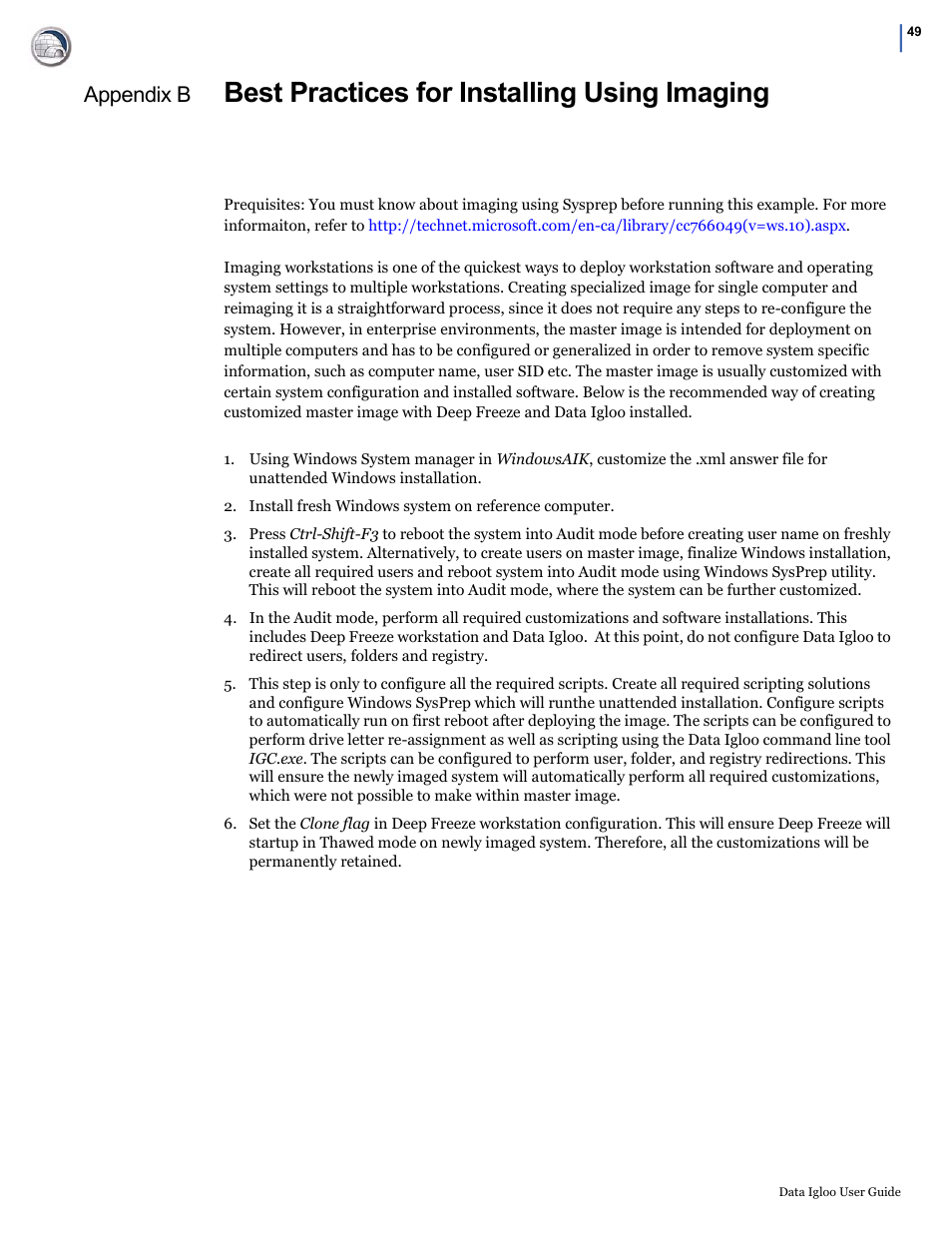 Best practices for installing using imaging, Appendix b | Faronics Data Igloo Standard User Manual | Page 49 / 63