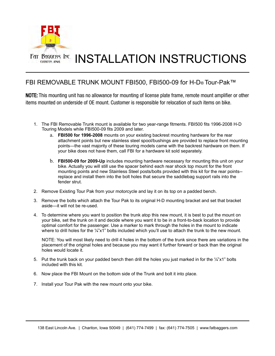 Fat Bagger 500 REMOVABLE TOURPAK MOUNT User Manual | 9 pages