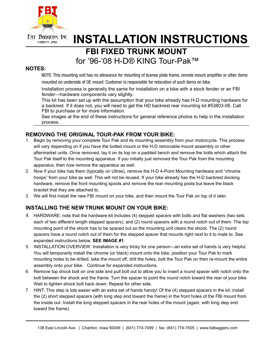 Fbi500-fix install, Installation instructions | Fat Bagger 500 REMOVABLE TOURPAK MOUNT User Manual | Page 3 / 9