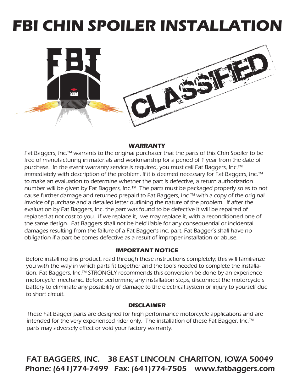 Fat Bagger CHIN SPOILER User Manual | 2 pages