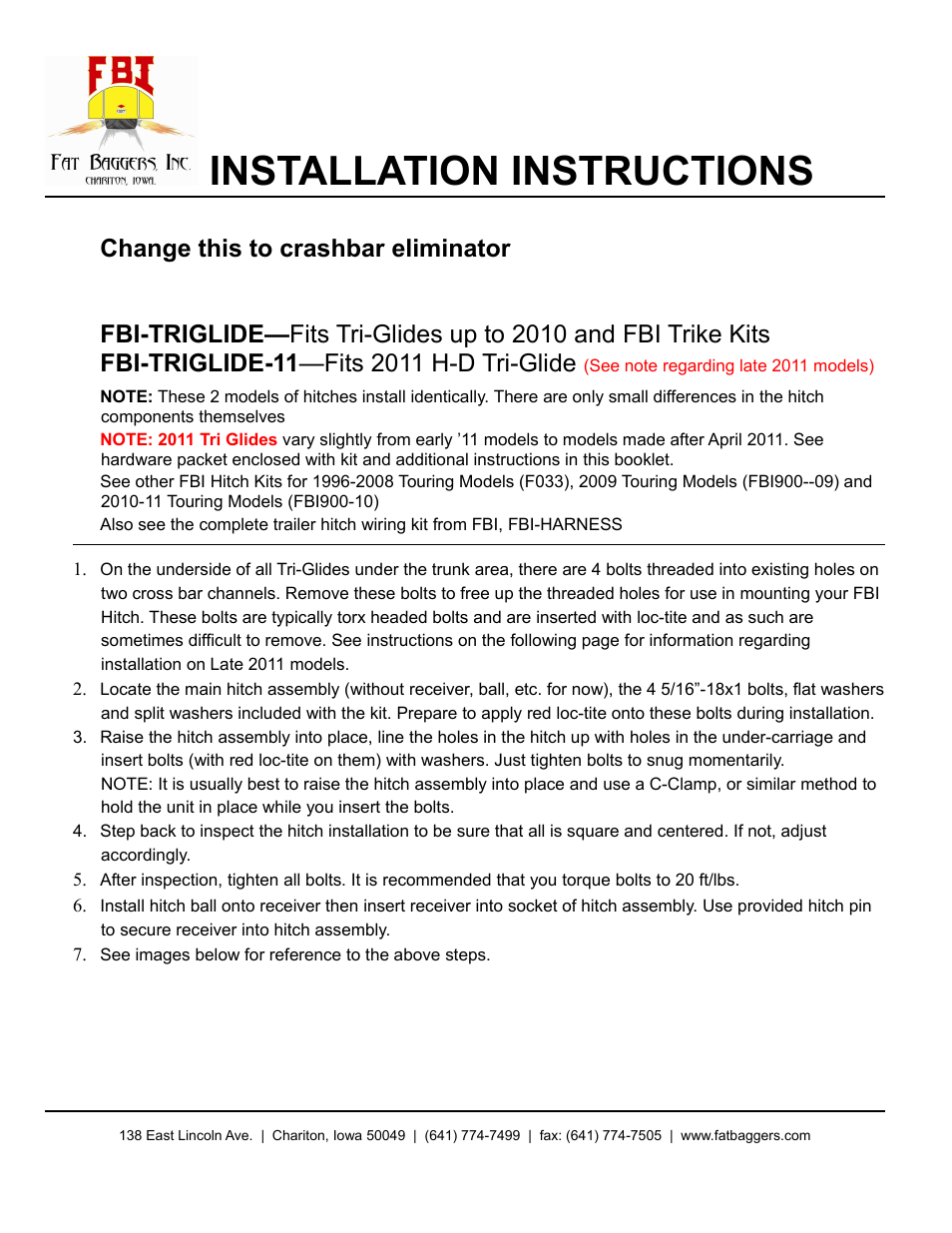 Fat Bagger CRASHBAR ELIMINATOR User Manual | 2 pages