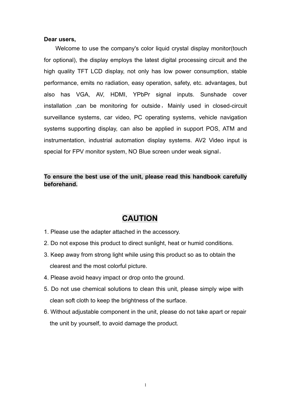 Caution | Feelworld FPV-101A User Manual | Page 2 / 19