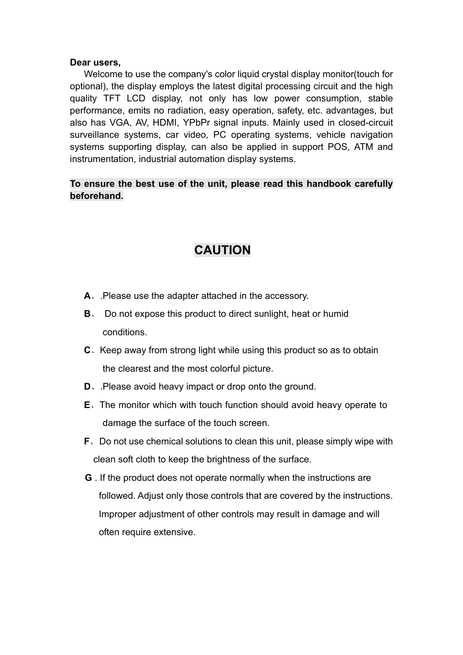 Caution | Feelworld FW101AHT User Manual | Page 2 / 17