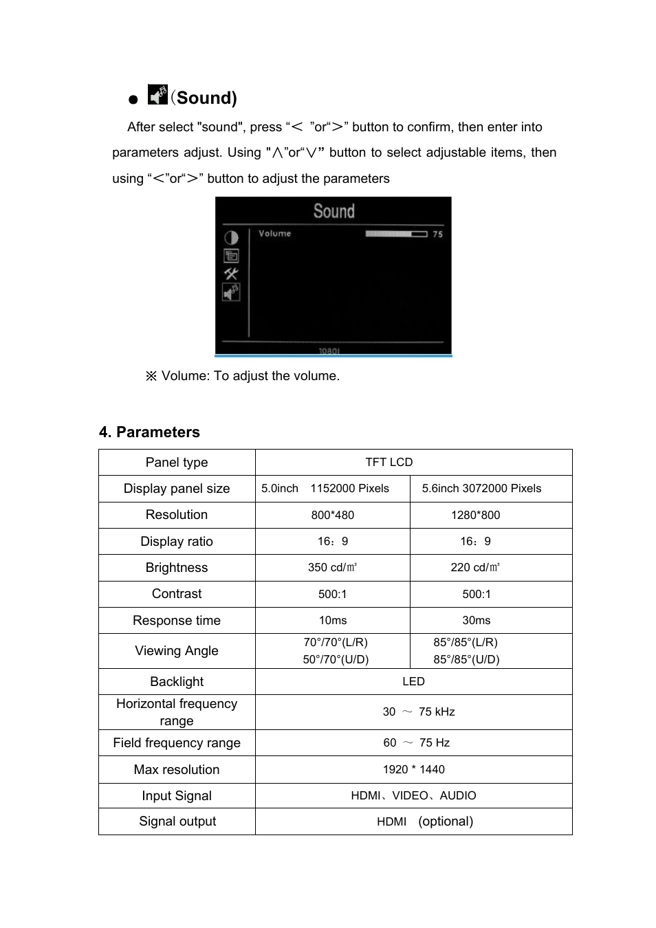 Sound), Parameters | Feelworld FW56D/O User Manual | Page 15 / 17