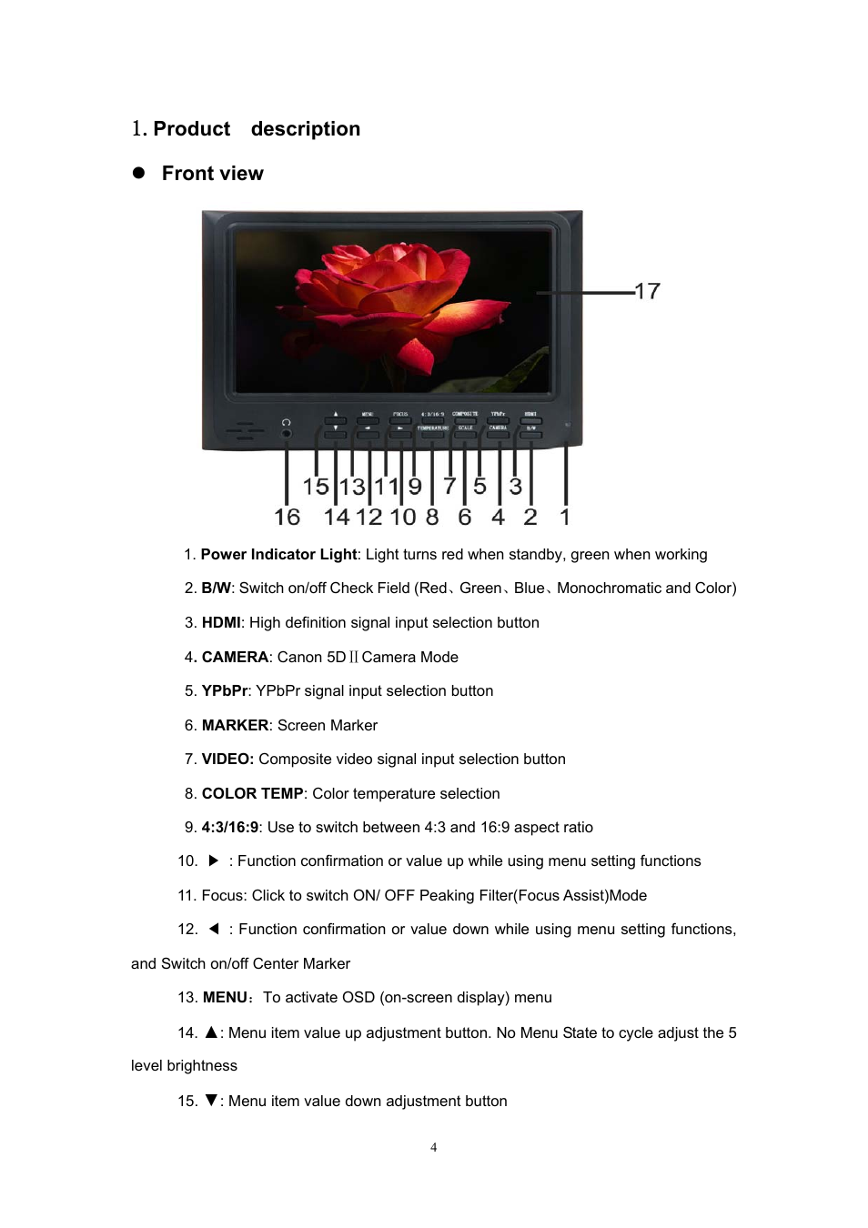 Product description z front view | Feelworld FW7D/O User Manual | Page 4 / 17