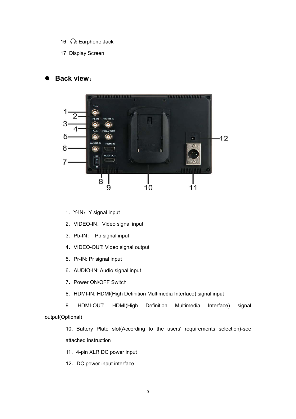 Zback view | Feelworld FW7D/O User Manual | Page 5 / 17