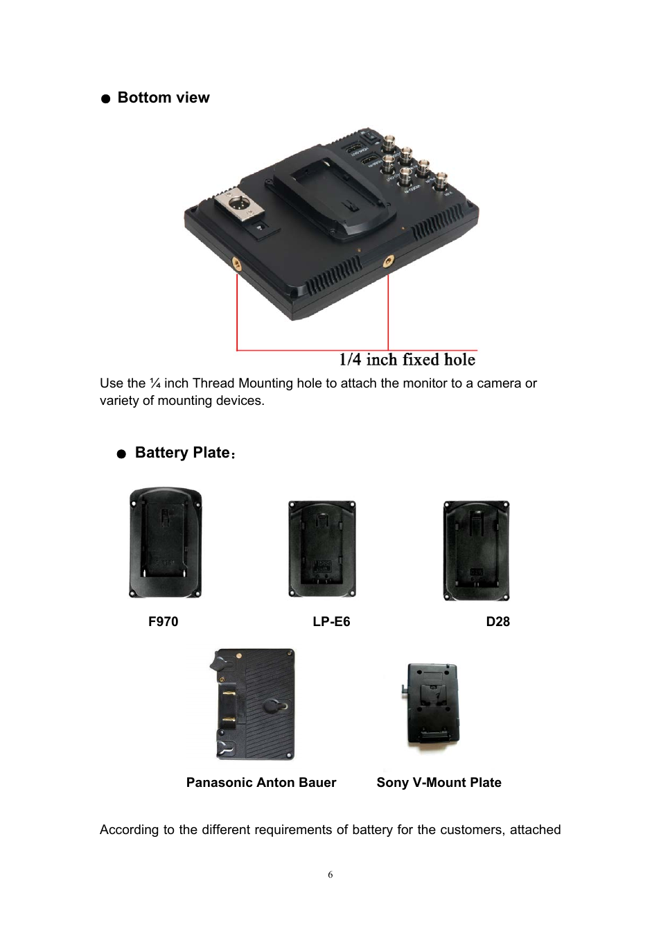 Bottom view, Battery plate | Feelworld FW7D/O User Manual | Page 6 / 17
