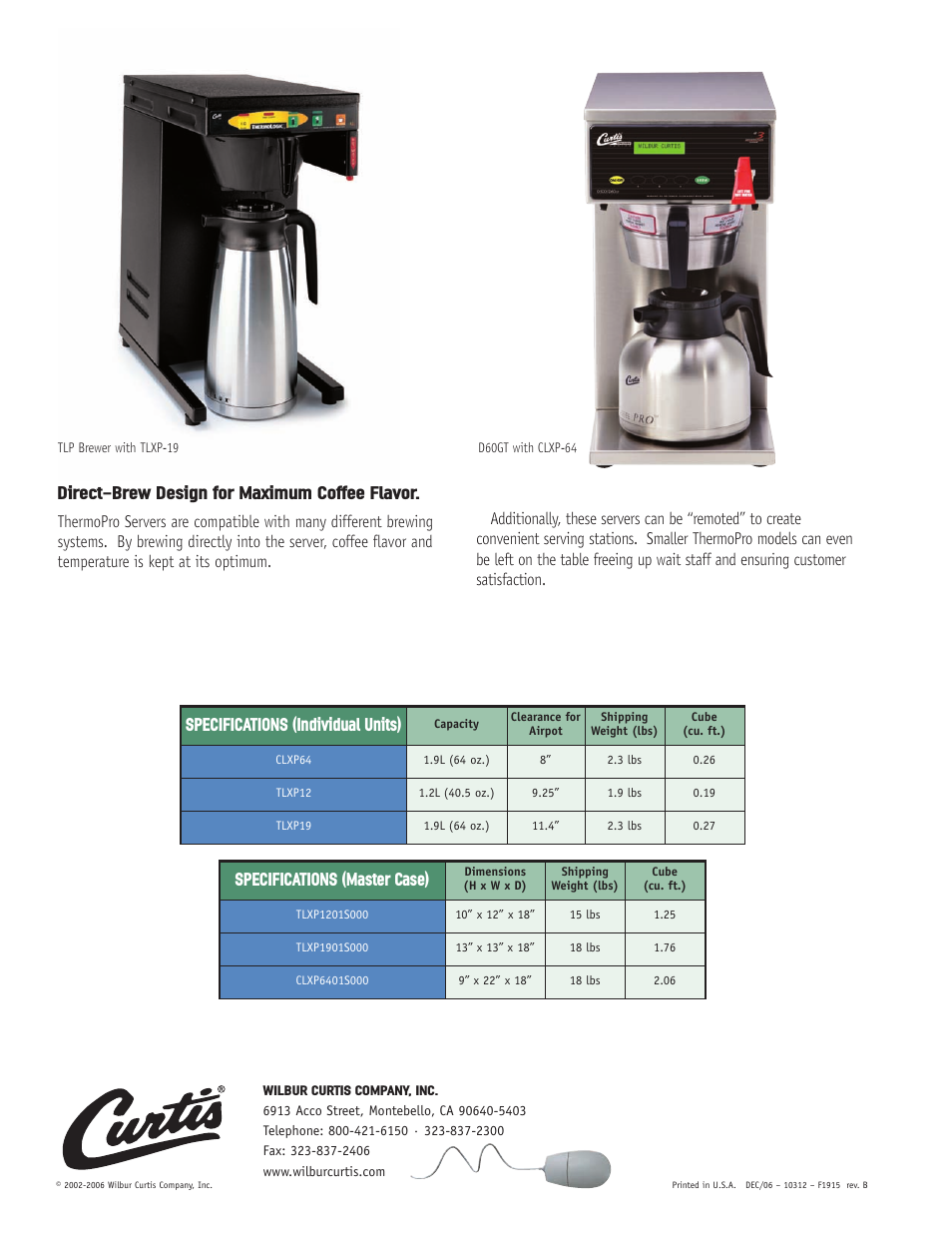 Direct-brew design for maximum coffee flavor, Specifications (individual units), Specifications (master case) | Curtis TLXP12 User Manual | Page 2 / 2