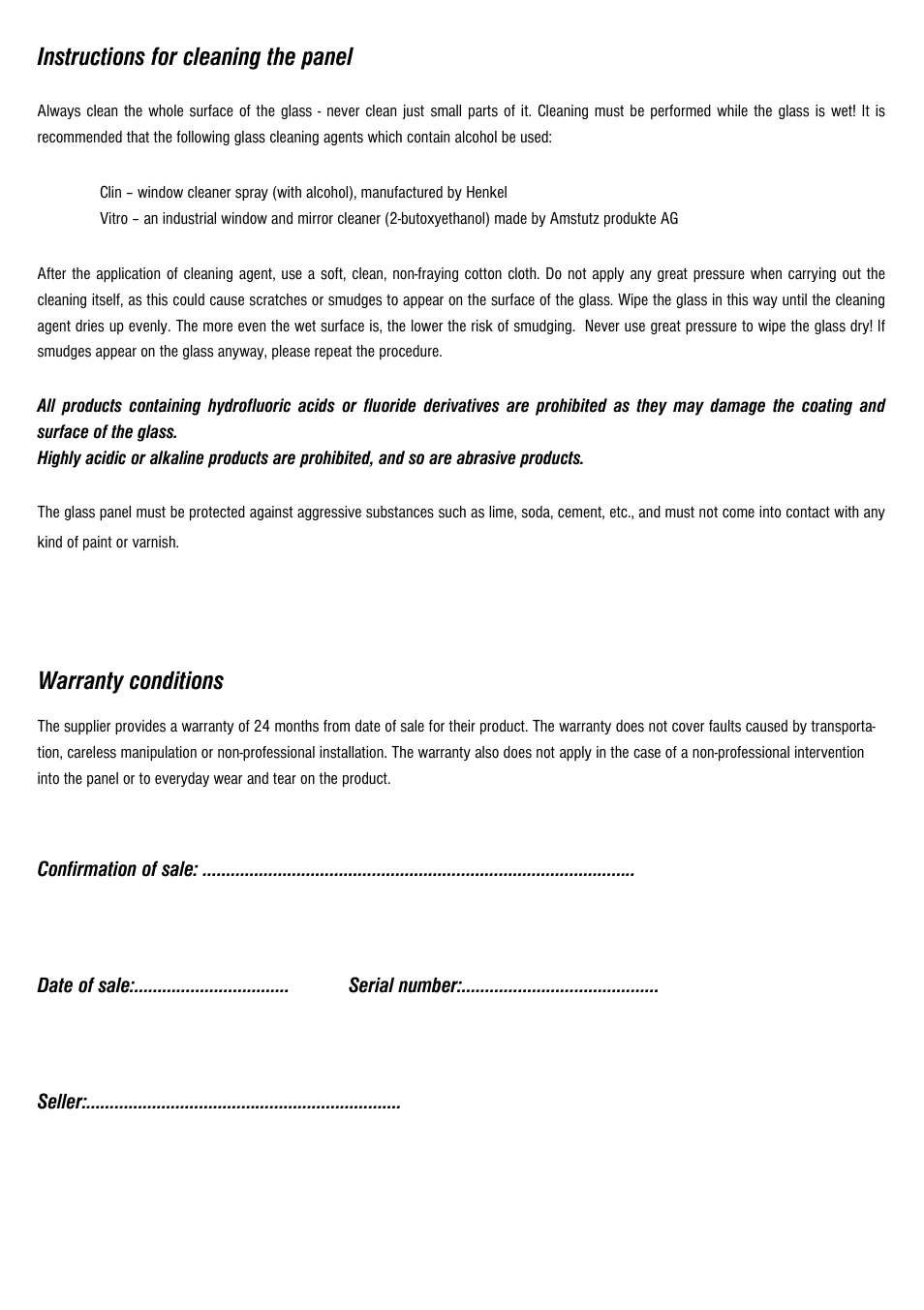 Instructions for cleaning the panel, Warranty conditions | Fenix ECOSUN G User Manual | Page 10 / 16