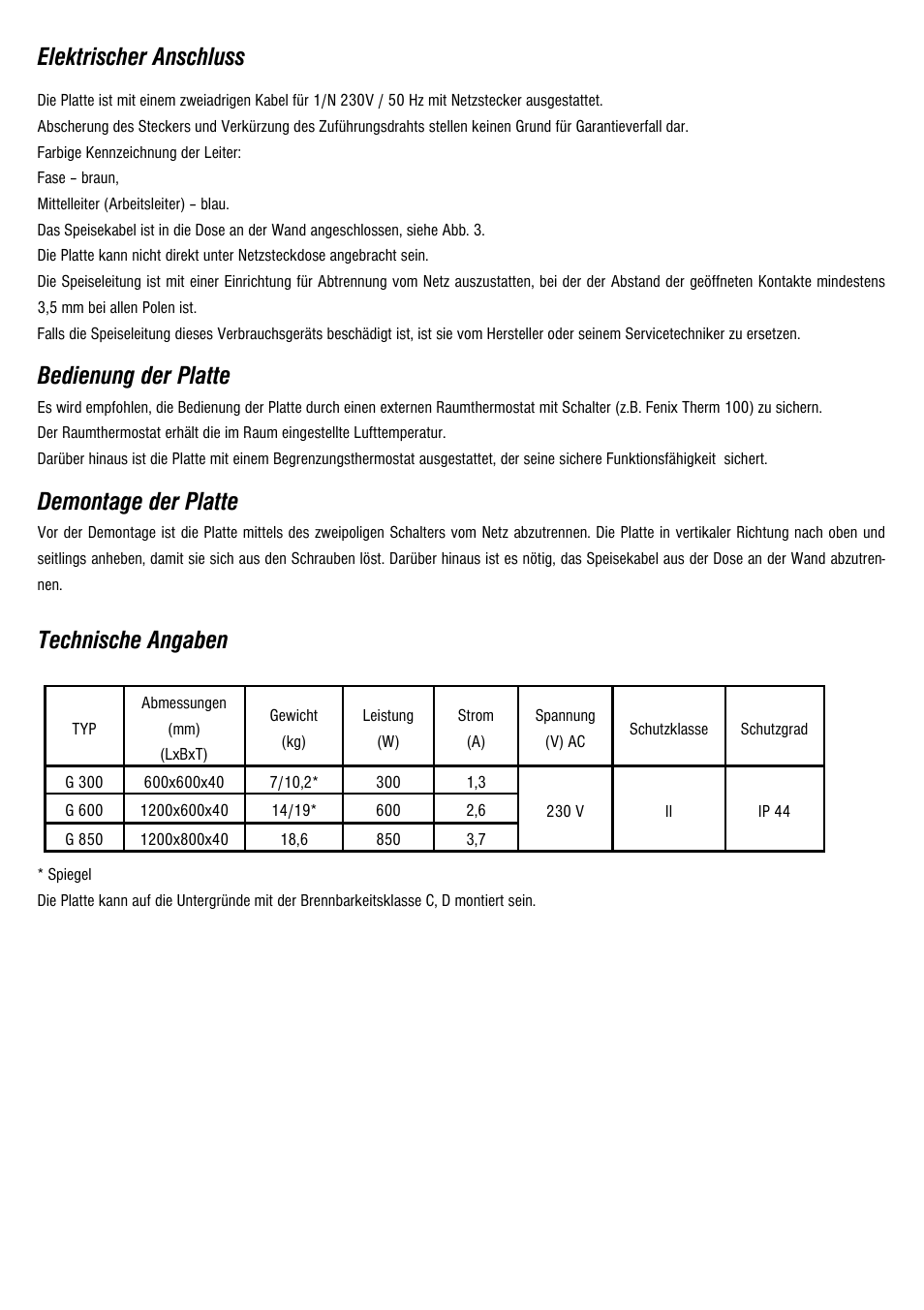 Elektrischer anschluss, Bedienung der platte, Demontage der platte | Technische angaben | Fenix ECOSUN G User Manual | Page 13 / 16