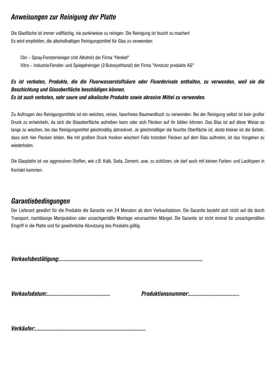 Anweisungen zur reinigung der platte, Garantiebedingungen | Fenix ECOSUN G User Manual | Page 14 / 16