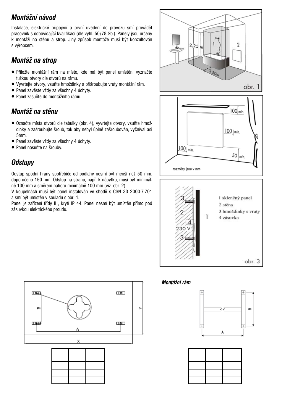 Montážní návod, Montáž na strop, Montáž na stěnu | Odstupy | Fenix ECOSUN G User Manual | Page 4 / 16