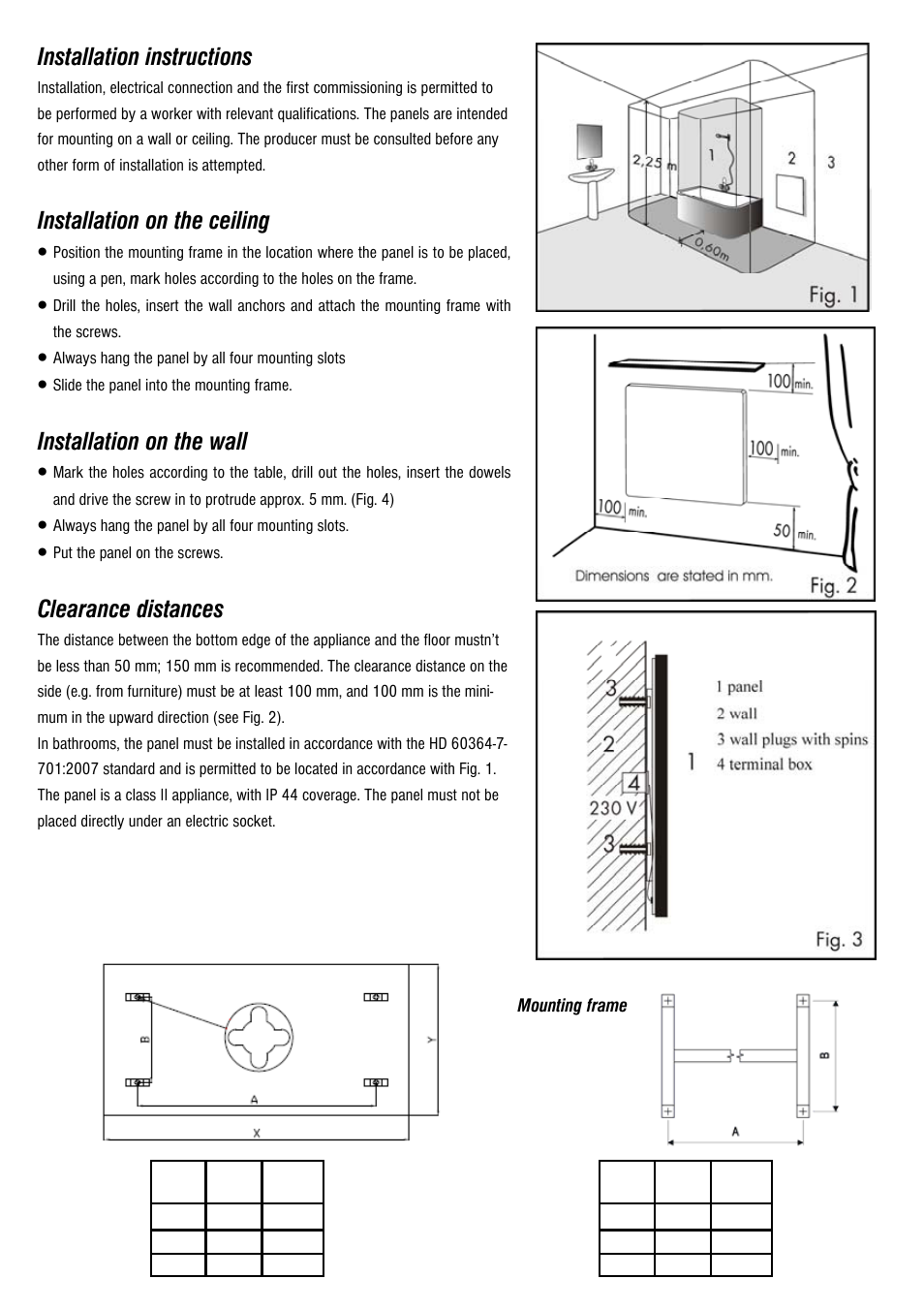 Installation instructions, Installation on the ceiling, Installation on the wall | Clearance distances | Fenix ECOSUN G User Manual | Page 8 / 16