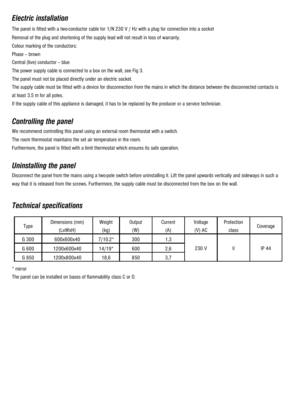 Electric installation, Controlling the panel, Uninstalling the panel | Technical specifications | Fenix ECOSUN G User Manual | Page 9 / 16