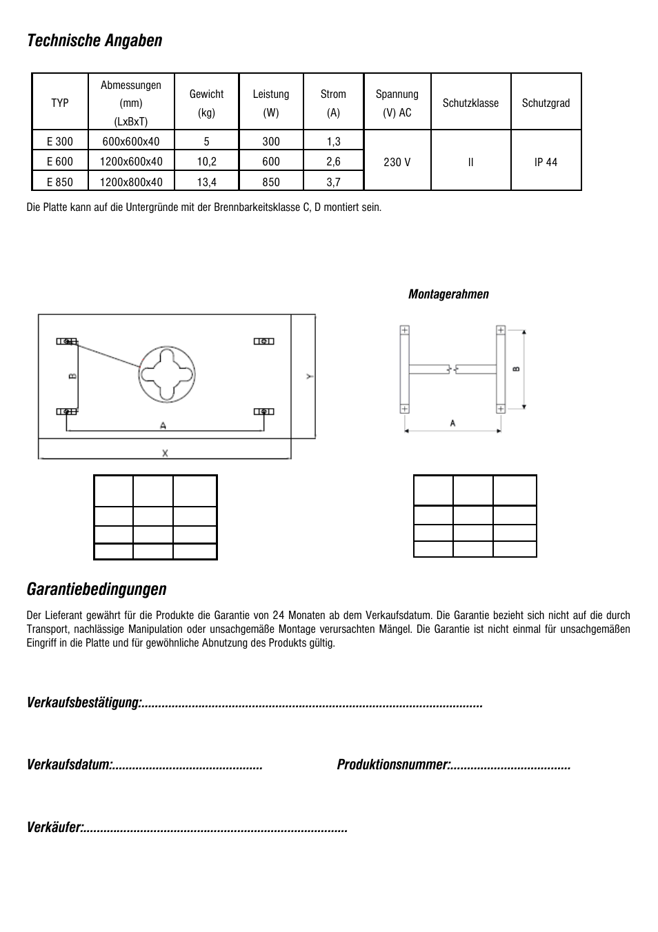 Technische angaben, Garantiebedingungen | Fenix ECOSUN E User Manual | Page 10 / 12