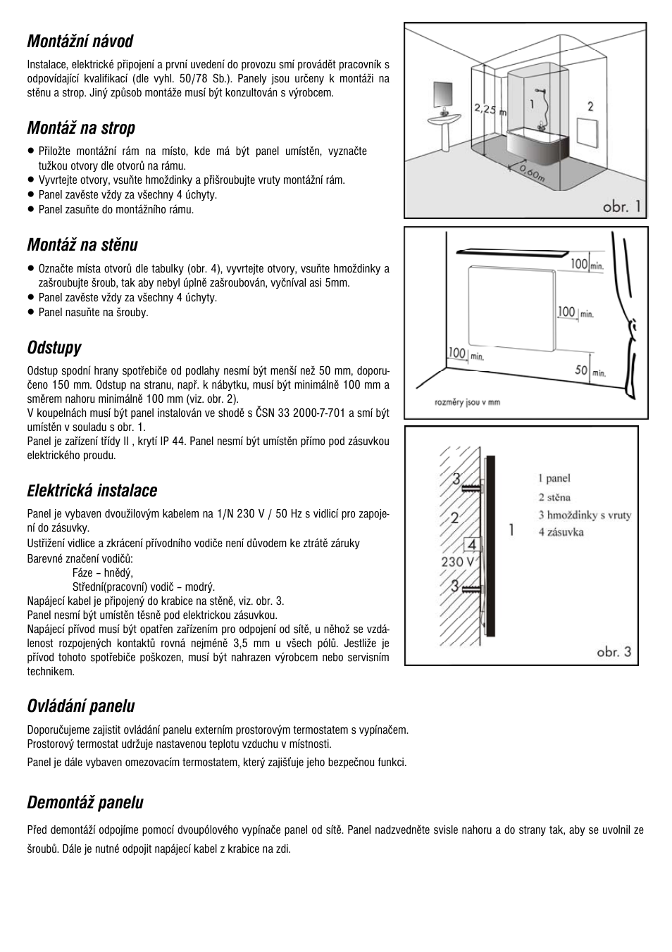 Montážní návod, Montáž na strop, Montáž na stěnu | Odstupy, Lektrická instalace, Ovládání panelu, Demontáž panelu | Fenix ECOSUN E User Manual | Page 3 / 12