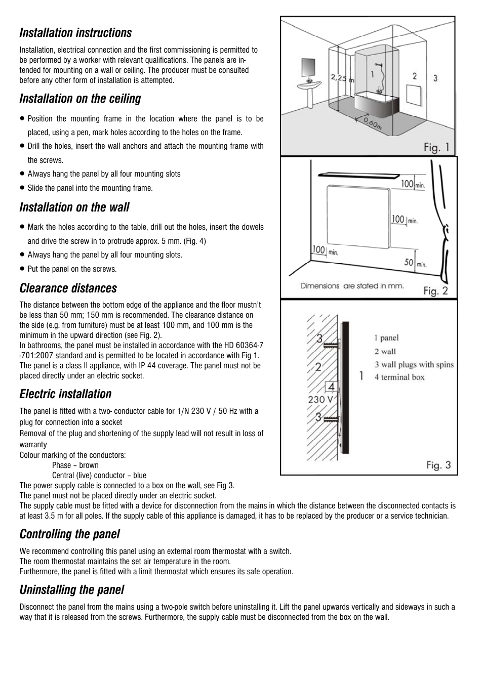 Installation instructions, Installation on the ceiling, Installation on the wall | Clearance distances, Electric installation, Controlling the panel, Uninstalling the panel | Fenix ECOSUN E User Manual | Page 6 / 12